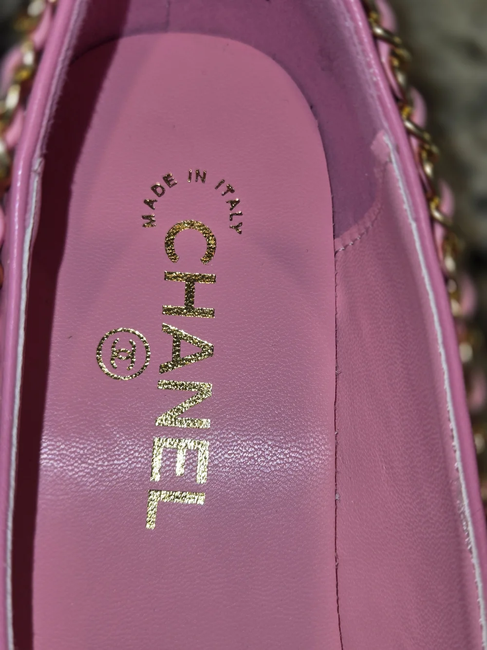 Chanel Pink & Black Bow Cap-Toe Chain Ballet Flats